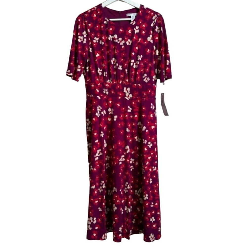 London Times Inset Waist Short Sleeve Midi Dress Berry/Coral NWT Size 10 - Picture 2 of 5